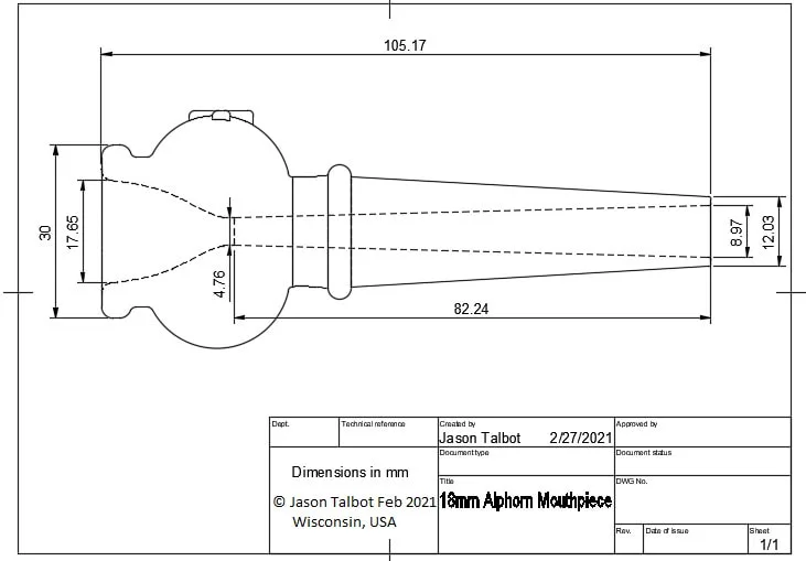 Alphorn Mouthpiece drawing, Alphorn mouthpiece dimensions