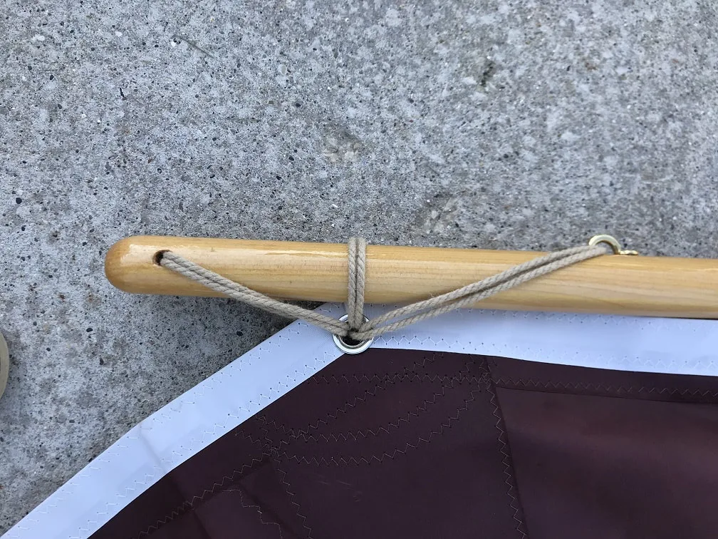 SCAMP throat cringle, lashing SCAMP yard, bending sail to SCAMP yard